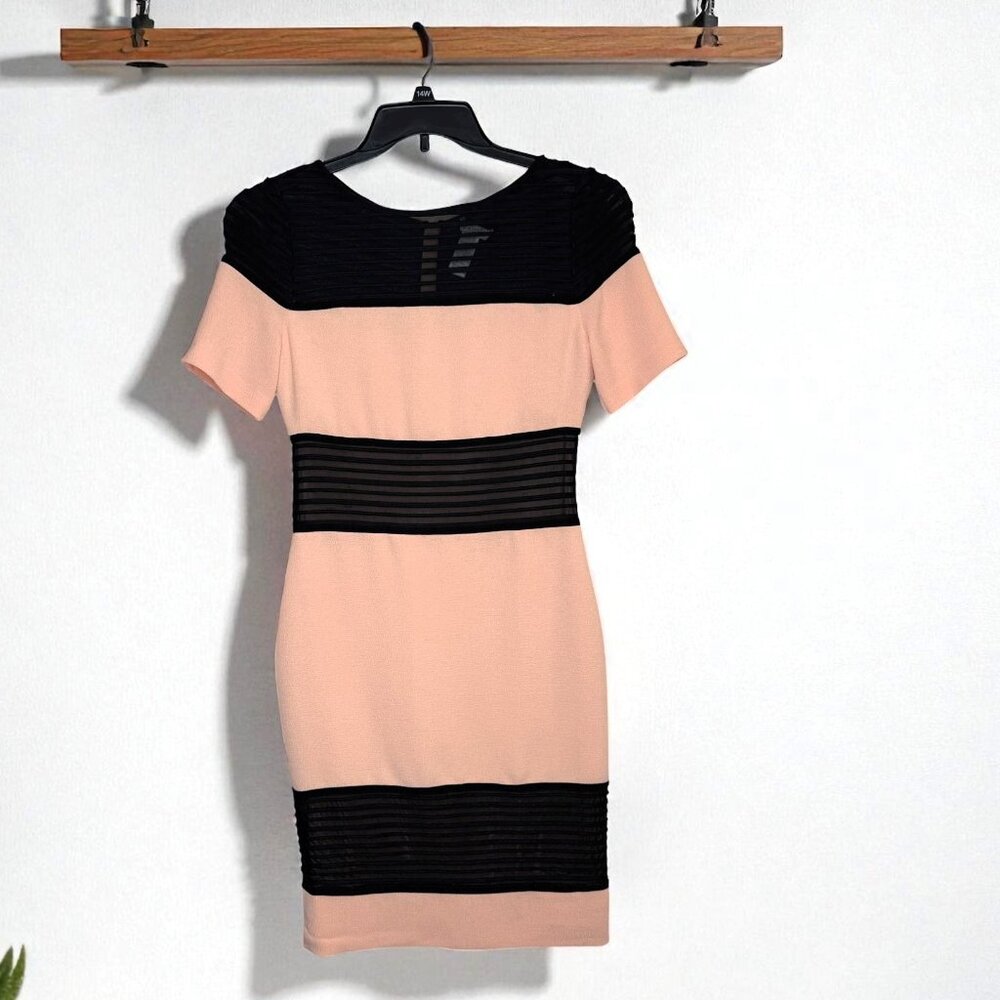 Cache Peach Black Sheer Mesh Bodycon Cocktail Dress Size 8 Y2K